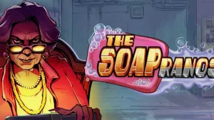 Tampilan layar permainan slot The Soapranos oleh Peter & Sons dengan gulungan 5x3 dan lampu neon yang berkedip.