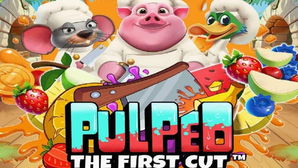 Tampilan visual slot Pulped: The First Cut dengan karakter koki hewan dan simbol buah segar.