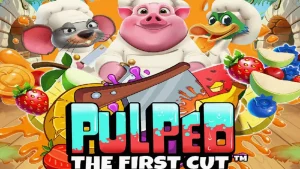 Tampilan visual slot Pulped: The First Cut dengan karakter koki hewan dan simbol buah segar.