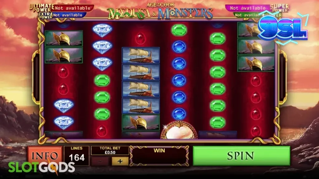 Tampilan visual slot Age of the Gods Medusa & Monsters dengan latar belakang pantai